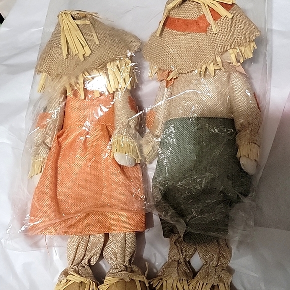 2 NEW Raggedy Ann Style Scarecrows  Burlap Wood Corn Straw Hair Mini - Picture 2 of 4
